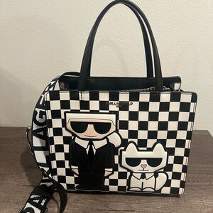 Karl Lagerfeld Black and White Graphic Tote W/ Guitar Strap